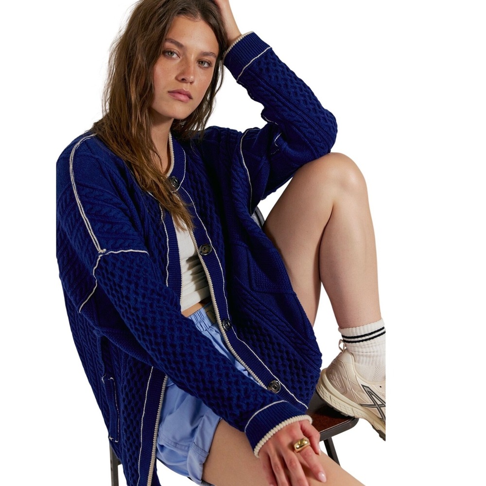 We the Free Tennessee Cable Knit Cardigan Sweater in Navy Free People Small $198